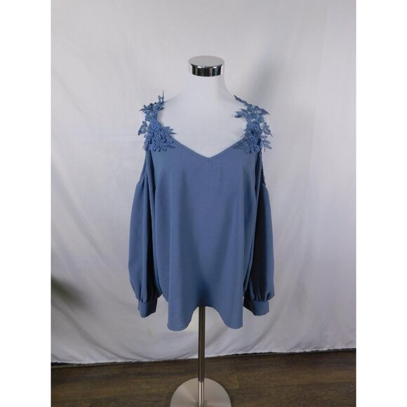 SHEIN Curve Blouse Womens 1XL Blue Cold Shoulder Lace Applique Long Sleeve Top - Picture 1 of 12